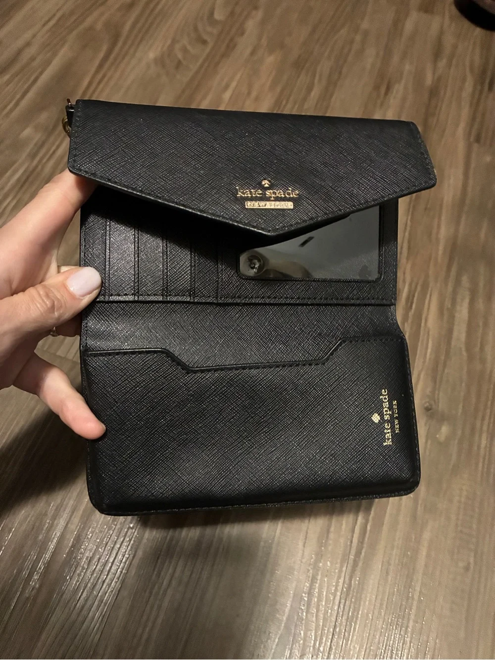 Kate Spade Black Saffiano Envelope Wristlet with Gold Logo, brand new